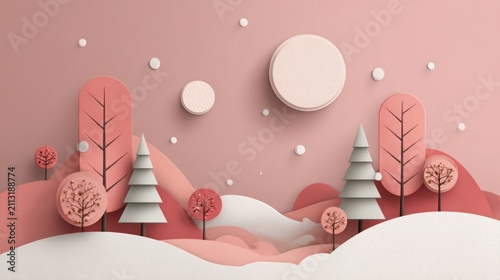Abstract landscape illustration in pink tones featuring snowy fields, stylized trees, and circular elements, creating a serene winter atmosphere for Christmas and New Year celebrations