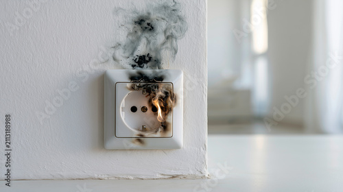 Burning electrical outlet with smoke and flames illustrating dangerous home fire hazard and faulty wiring