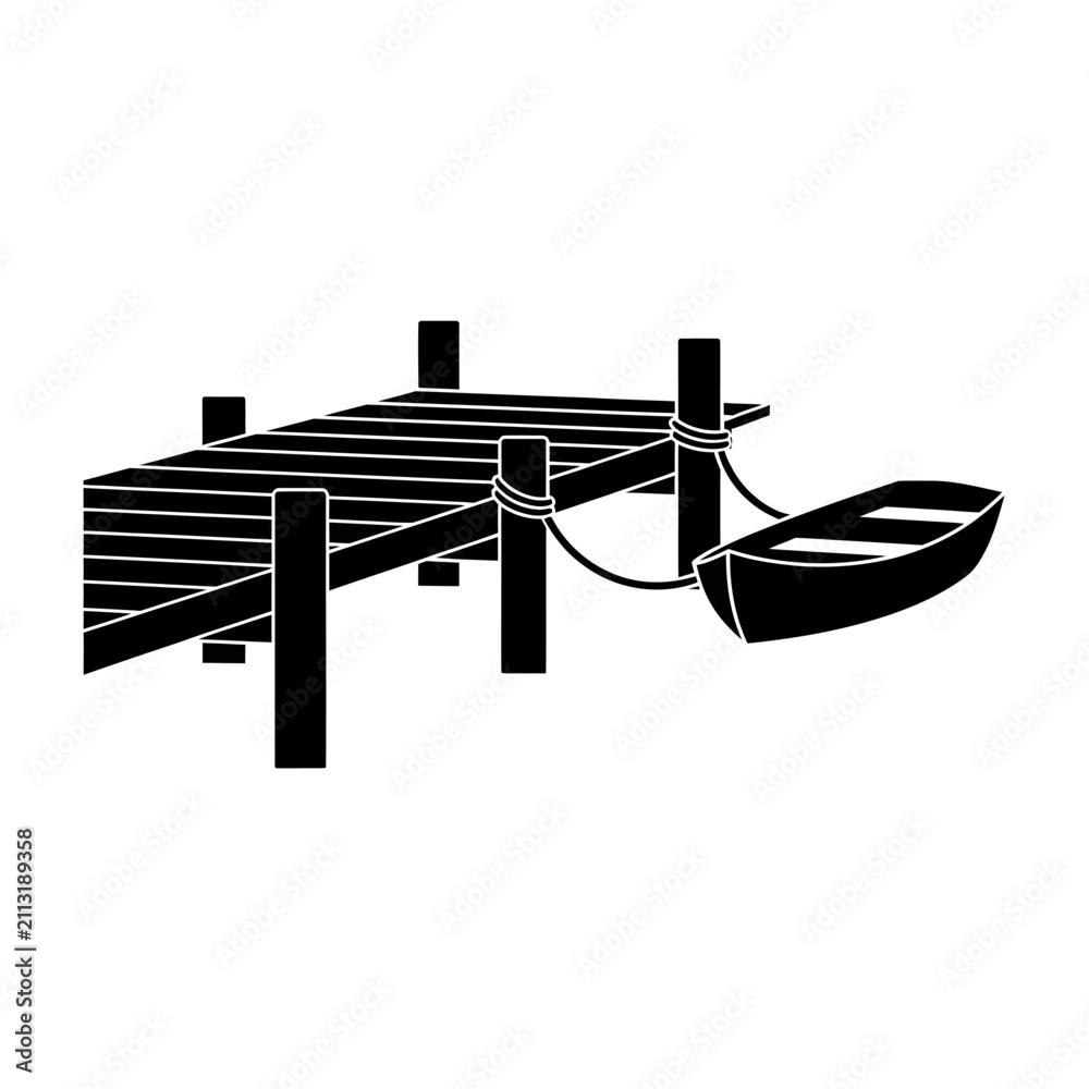 Fototapeta premium Wooden Dock with Rowboat Tied to Post.