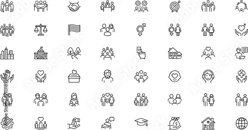 Social responsibility and community line icons set, 48 vector elements for non-profit and charity, human rights and diversity symbols in EPS format