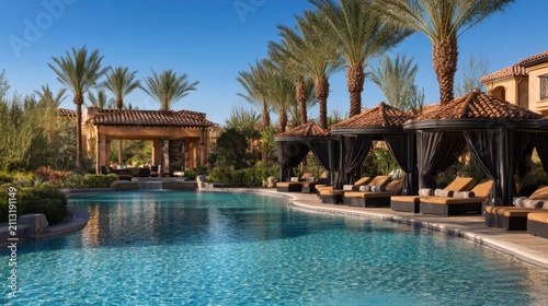 Luxury Resort Poolside Cabanas with Palm Trees
