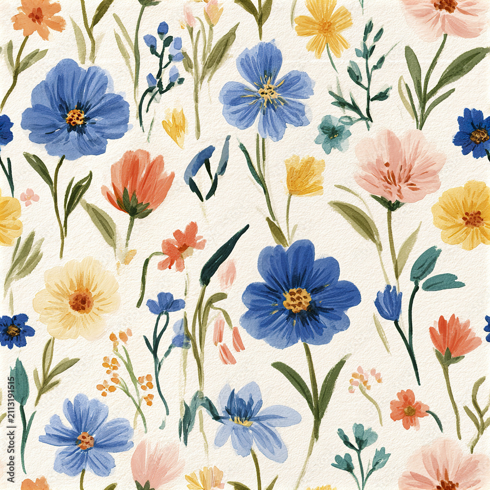 Obraz premium Seamless Scandinavian inspired floral pattern with blue, yellow, and pink flowers white