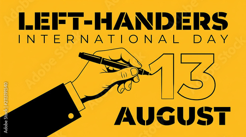 International left-handers day poster design featuring hand holding pen on august 13 background