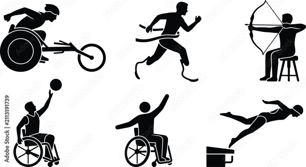 Fototapeta premium Para Sports Vector Icon Set Featuring Wheelchair Racing Running Archery Basketball and Swimming Disciplines for Adaptive Athlete Graphic Designs