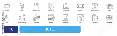 Set of 16 outline web Hotel icons such as charging battery, elevator, map, cupboard, minibar, calender, reception desk vector icons for report, presentation, diagram, web design, mobile app