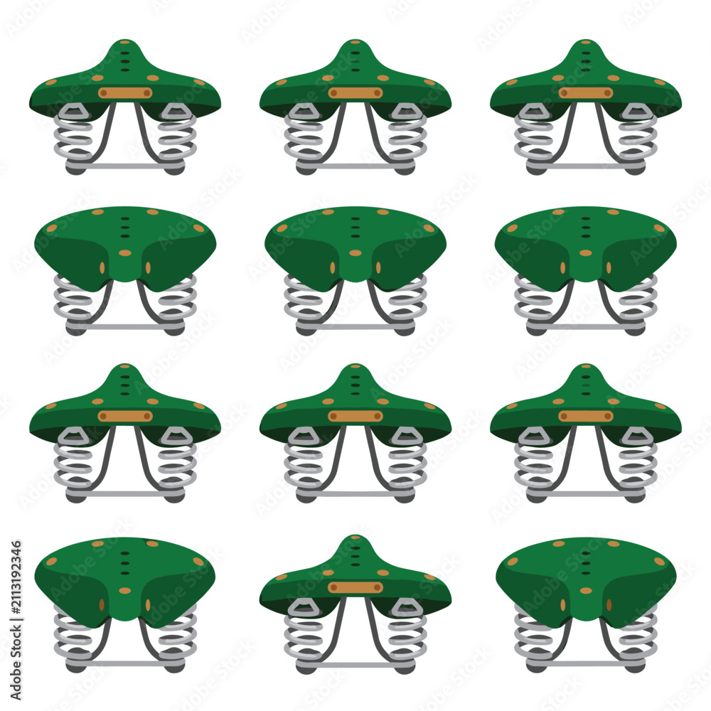 Obraz premium Repetitive pattern of green bicycle saddles with orange accents and chrome springs, pixel art style, isolated on white