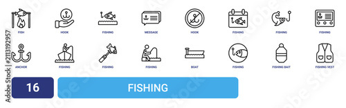 Set of 16 outline web Fishing icons such as fishing vest, fishing bait, fishing, boat, vector icons for report, presentation, diagram, web design, mobile app
