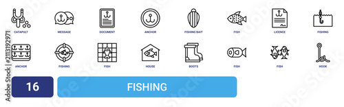 Set of 16 outline web Fishing icons such as hook, fish, fish, boots, house, fish, fishing vector icons for report, presentation, diagram, web design, mobile app
