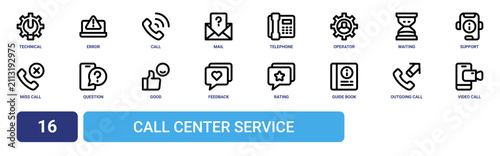 Set of 16 outline web Call Center Service icons such as video call, outgoing call, guide book, rating, feedback, good, question vector icons for report, presentation, diagram, web design, mobile app