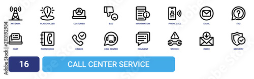 Set of 16 outline web Call Center Service icons such as security, inbox, wrench, comment, call center, called, phone book vector icons for report, presentation, diagram, web design, mobile app