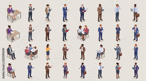 Diverse group of business professionals engaged in various activities in a modern office setting representing corporate teamwork