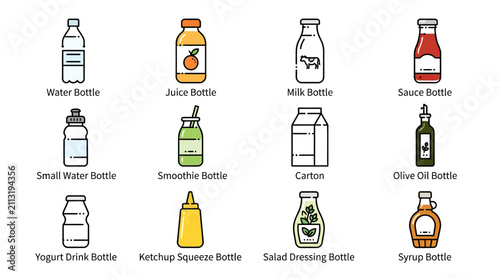 Foto Collection of various beverage bottle illustrations.