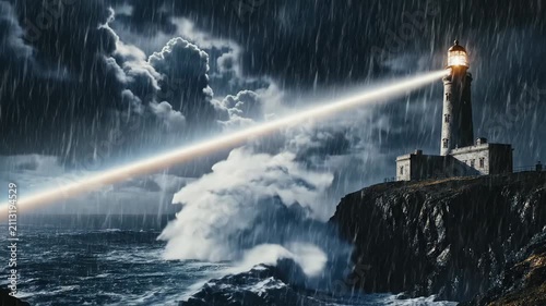 A powerful lighthouse on a rocky cliff during a stormy night with heavy rain and crashing waves casting a bright beam of light across the turbulent dark sea