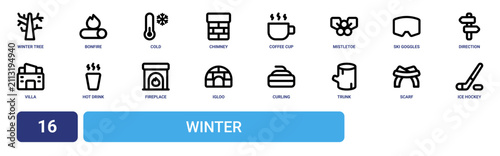 Canvas Print Set of 16 outline web Winter icons such as ice hockey, scarf, trunk, curling, ig