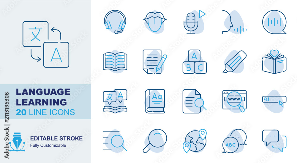 Fototapeta premium Language learning icon set. Editable line icons translation, headphones, pronunciation, voice record vector illustration