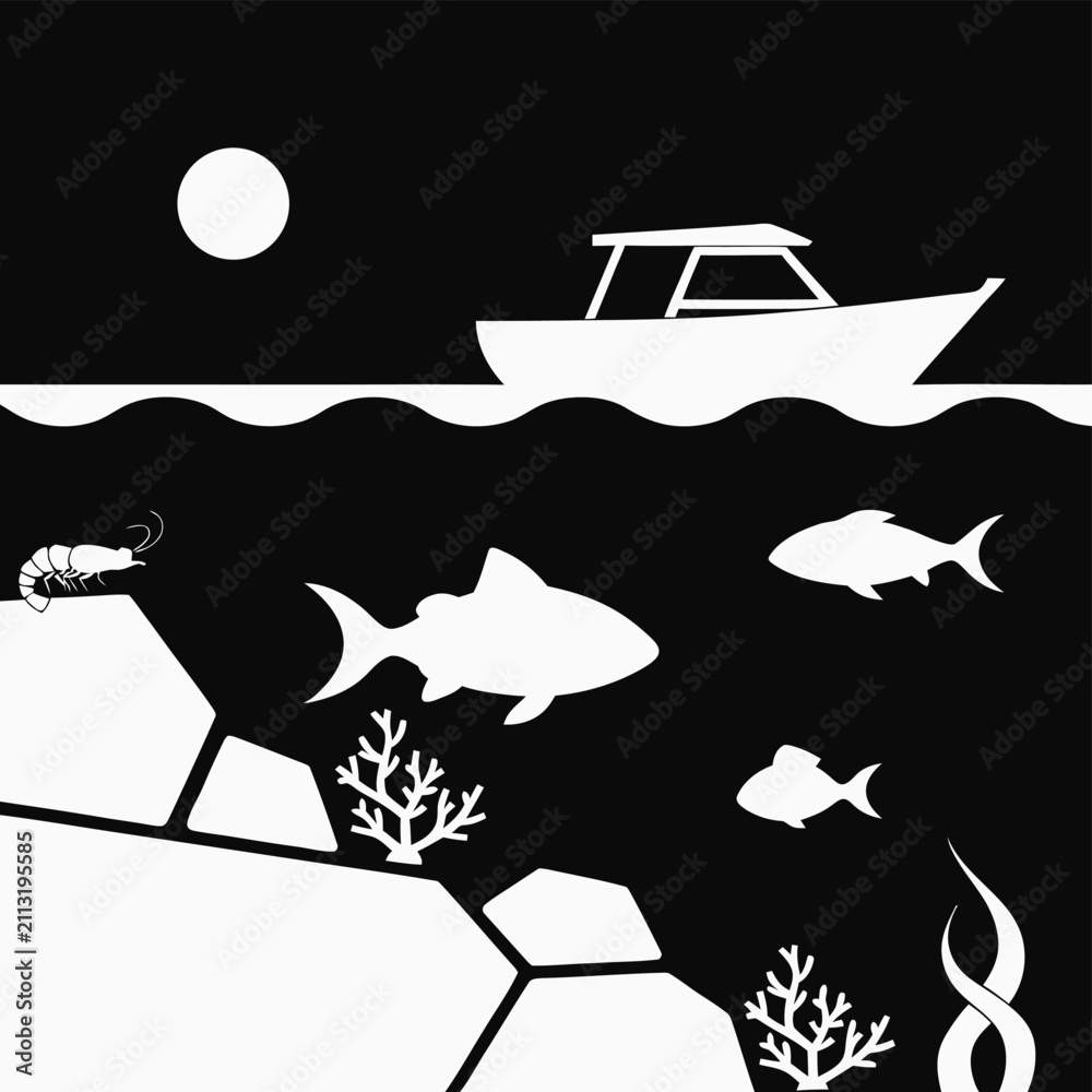 Fototapeta premium Black and white underwater ocean life vector illustration with boat, fish, and shrimp silhouette