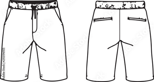 Front, back, and side views of a blank white male short. Vector template for design.
