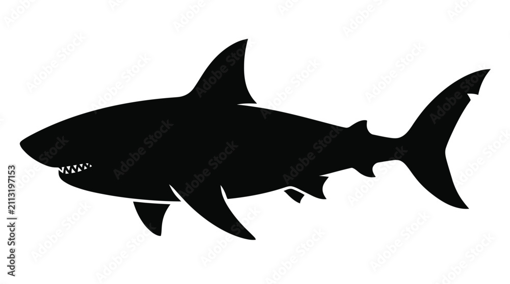 Fototapeta premium Great white shark silhouette vector graphic design featuring sharp teeth and a powerful swimming body shape