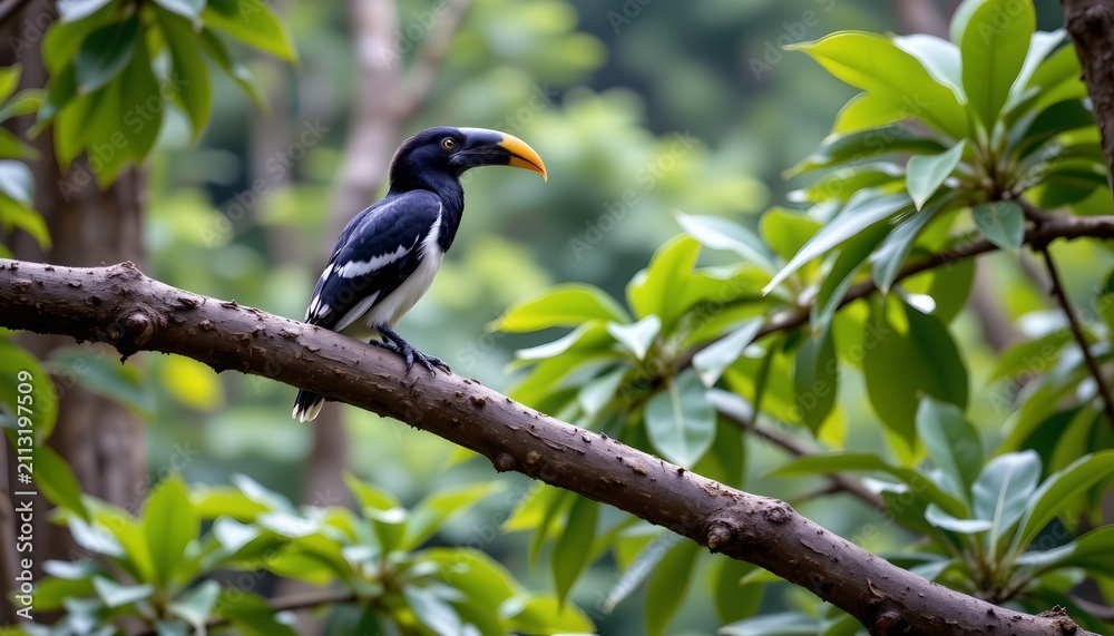 Naklejka premium The image shows a toucan perched on a thick, horizontal tree branch amidst lush green foliage