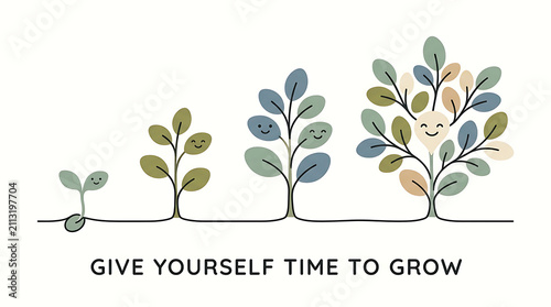 Illustration of plant growth stages with text give yourself time to grow lifecycle development