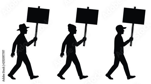 Canvas Print Silhouette vector illustration of three diverse protesters walking while carryin