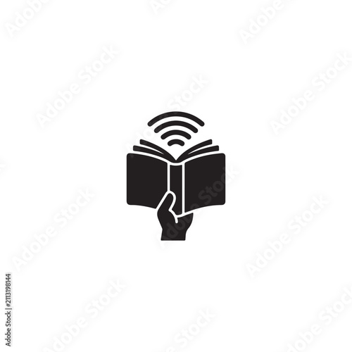 Hand holding an open book with a wifi signal icon