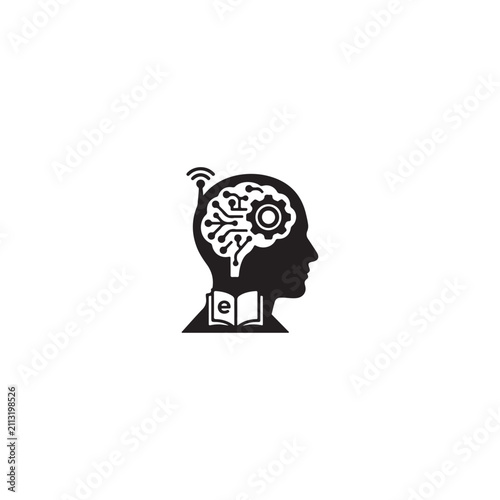 Human head icon with digital brain and ebook symbol