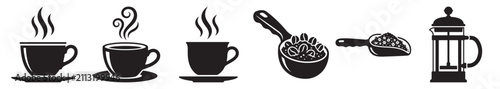 Foto cup of coffee in various colors with steam rising and a spoon and grinder on a d