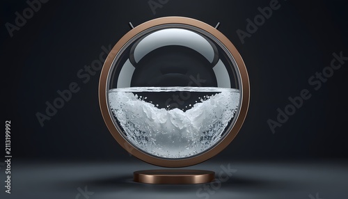 Modern circular glass vessel containing swirling water suspended against minimalist dark gray studio background with container with displays spherical glass