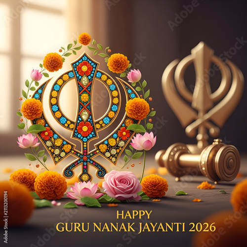 Sikh Khanda Symbol Decorated with Flowers and Guru Nanak Jayanti Greeting