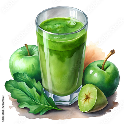 Green smoothie with apples and spinach in a glass. Fresh ingredients artistically arranged on a surface. showcasing a healthy beverage.