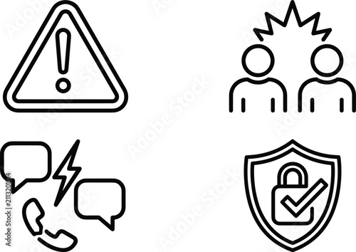 Photos Workplace conflict management and cybersecurity line icon set with alert warning