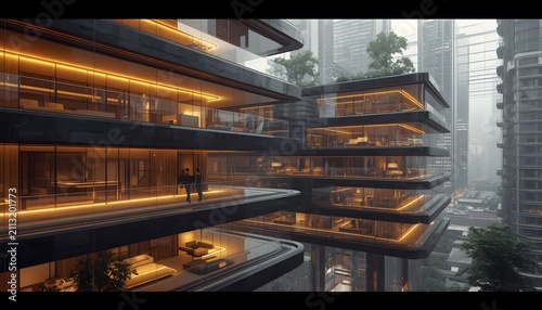 Futuristic residential architecture featuring tiered glass balconies illuminated by warm ambient golden strip lighting with skyscraper layered transparent