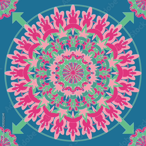 Vibrant floral mandala seamless pattern with layered symmetry in pink, mint, and teal on a blue background. Perfect for fabric, wallpaper, wrapping paper, home decor, and digital prints.