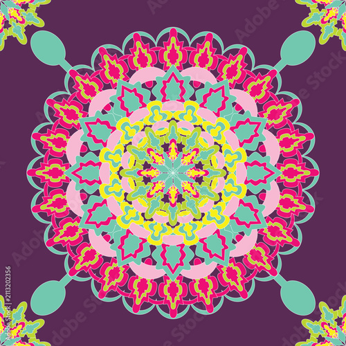 Elegant floral mandala seamless pattern with layered petals and bright colors on a deep purple background. Ideal for textiles, wallpaper, packaging, gift wrap, apparel, and home decor.