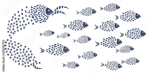 Fotografía School of fish vector illustration with patterned scales on black background