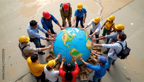 A diverse group of people wearing protective helmets encircle a large inflatable globe, placing their hands on it in a unified manner