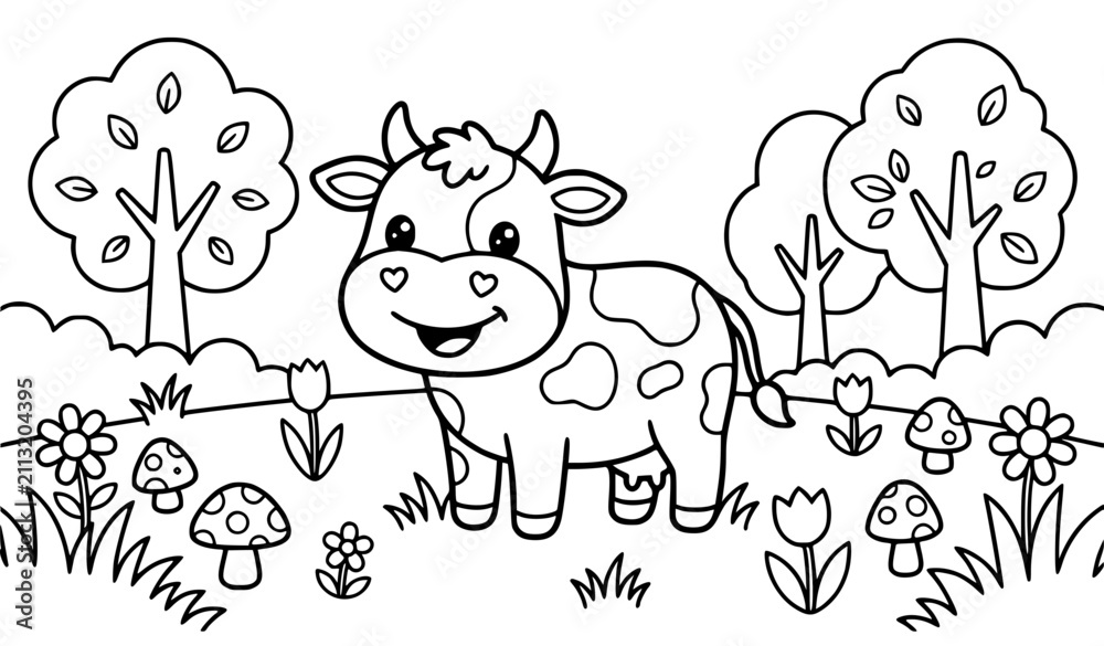 Obraz premium Cute Kawaii Cartoon Cow Meadow Scene Coloring Book Page Vector Illustration