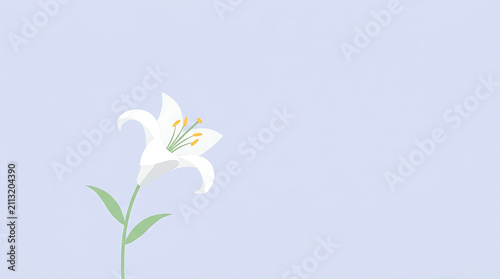 White Lily Flower Blooming Vector Illustration on Minimal Light Pastel Purple Background with Copy Space