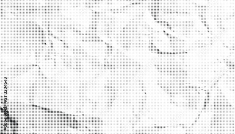 Obraz premium Halftone crumpled paper texture with black a dotted, rough, and wrinkled surface. Wite creased sheet background in comic pop-art style, featuring grainy folds and gritty distressed details.