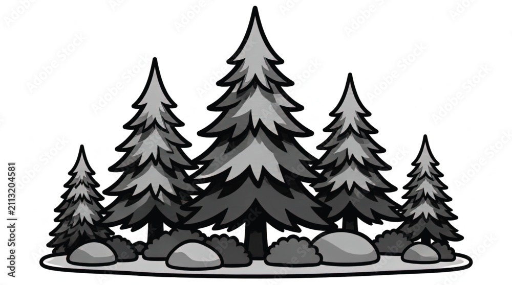 Obraz premium Stylized Black and White Pine Trees with Snowy Ground - Vector Illustration