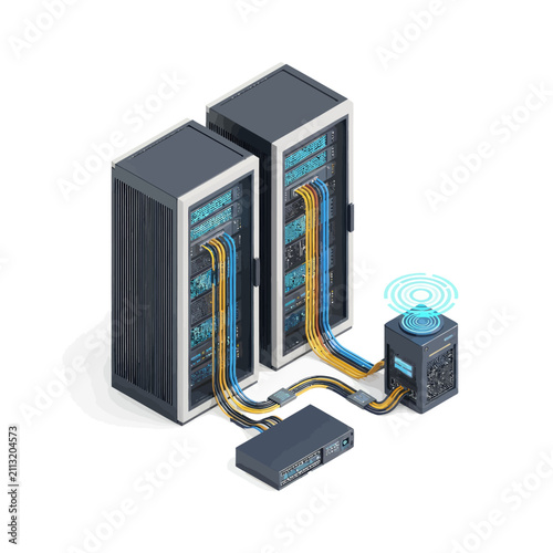 Isometric server rack with network connections and devices.