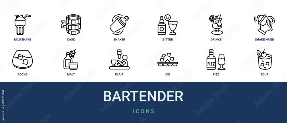Fototapeta premium Set of 12 outline web Bartender icons such as sour, fizz, ice, flair, malt, on the rocks, shake hand vector icons for report, presentation, diagram, web design, mobile app