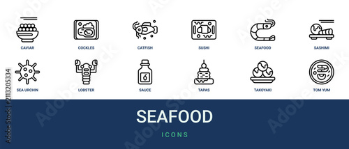 Bild auf Leinwand Set of 12 outline web Seafood icons such as tom yum, takoyaki, tapas, sauce, lob