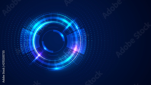 Futuristic technology background with a glowing blue circular interface, digital rings and dotted grid elements.