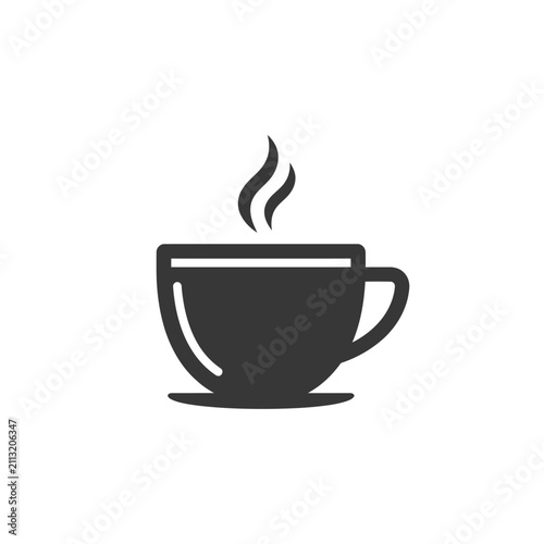 A simple black icon of a steaming hot cup of coffee on a white background