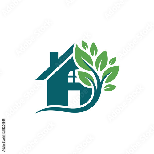 A minimalist graphic icon of a house integrated with green leaves