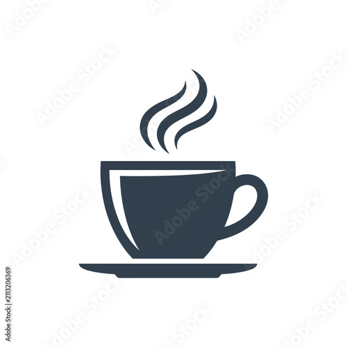 A simple graphic icon of a steaming hot cup of coffee on a saucer