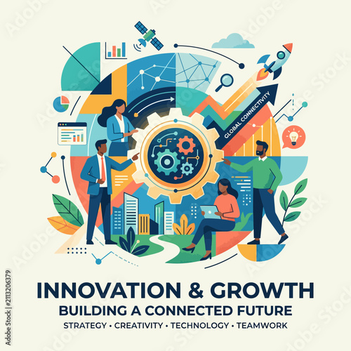 A diverse team collaborates on modern business innovation and growth strategies