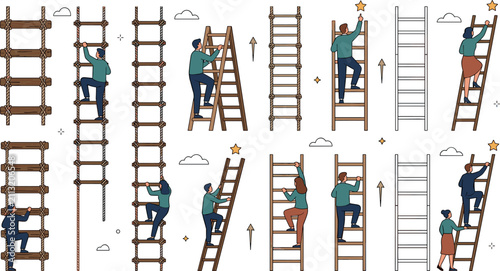 Business People Climbing Ladders Vector Illustration Set with Stars and Arrows for Career Growth Success and Corporate Ambition Graphic Designs
